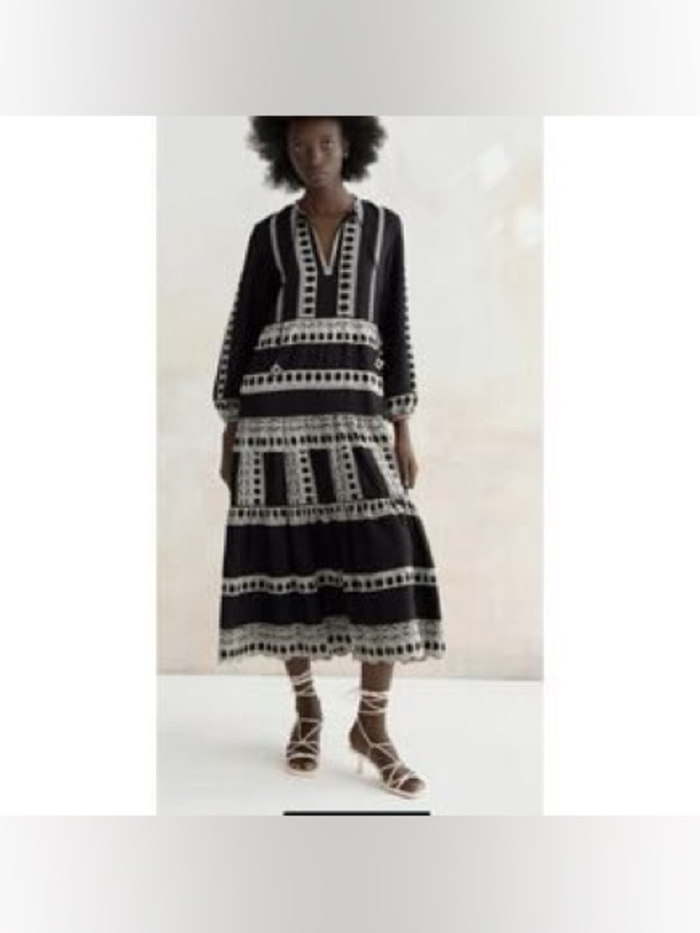 ZARA Black Embroidered Geometric Boho Midi Dress Size Medium